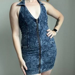 Y2K Zip Front Denim Mini Dress Size Medium